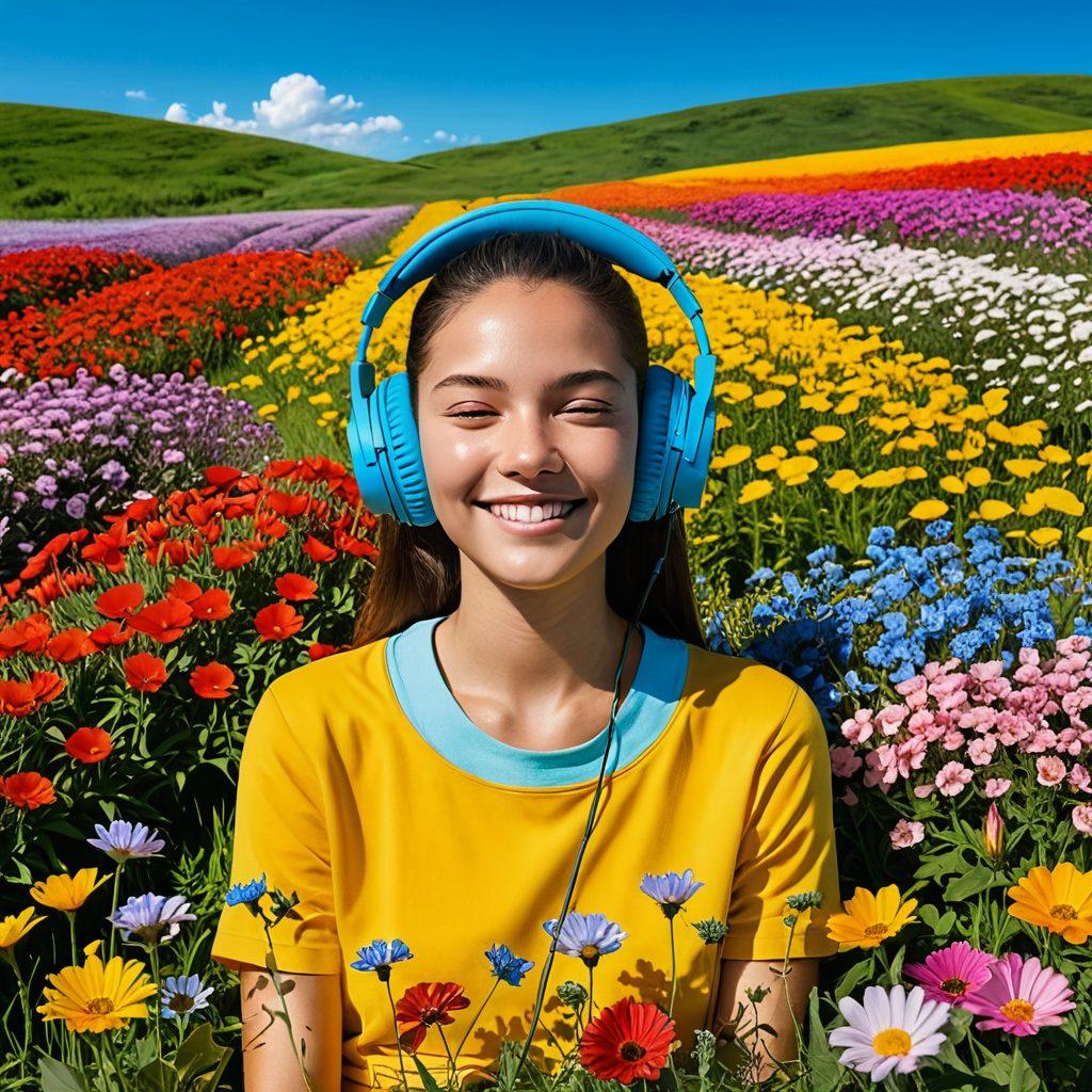 A serene scene featuring a person happily enjoying nature, wearing noise-canceling headphones to block out unwanted sounds, surrounded by vibrant flowers and a peaceful landscape. In the background, a faint silhouette of a phone with a crossed-out symbol represents invasive calls. Bright, cheerful colors to enhance a sense of tranquility and positivity. vector art. vibrant colors. clear blue sky.