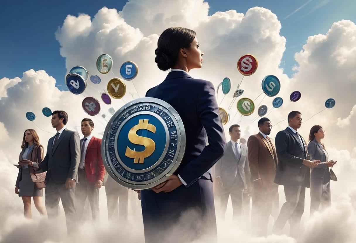 A powerful individual standing confidently with a shield made of various telemarketing symbols (like phones and dollar signs) defending against looming, shadowy figures of telemarketers. Bright sunlight breaks through the clouds, symbolizing empowerment and clarity. Include a diverse crowd in the background, with each person expressing determination and resilience. Use vibrant colors to convey a sense of hope and action. super-realistic. vibrant colors. white background.