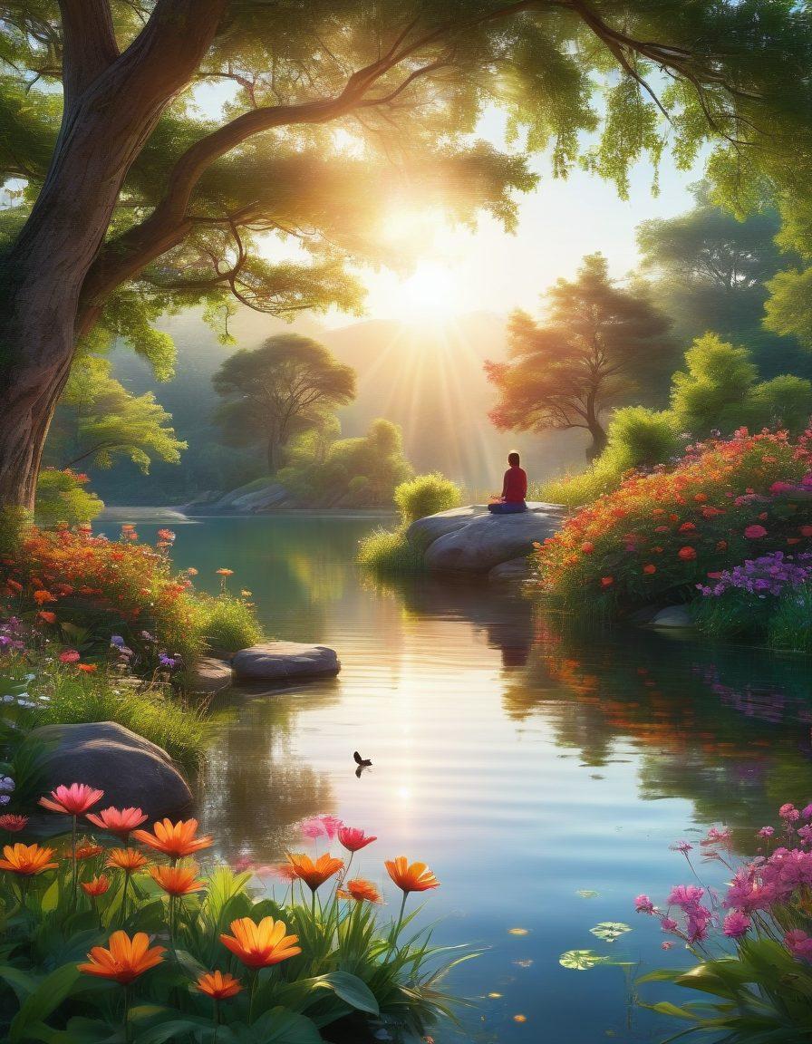 A serene landscape featuring a tranquil lake surrounded by lush greenery and colorful flowers, with a person meditating peacefully in the foreground, while distant smartphones float above the water symbolizing unwanted calls. Bright sunlight filters through the trees creating a warm and inviting atmosphere. Elements of joy and cheerfulness are illustrated with birds and butterflies flying around. super-realistic. vibrant colors. peaceful ambiance.